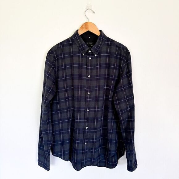 Rag & Bone men’s navy multi checkered slim fit Tomlin button down shirt - Picture 2 of 8